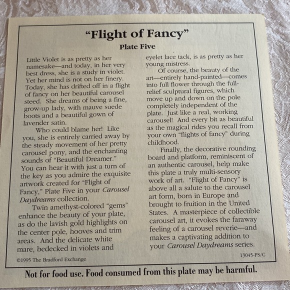 5th PLATE VINTAGE 1994 ‘FLIGHT OF FANCY’ of the CAROUSEL DAYDREAMS COLLECTION - Picture 9 of 9